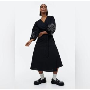 H&M NWOT Embroidered Balloon Bell Sleeves Wrap Dress Black Size S